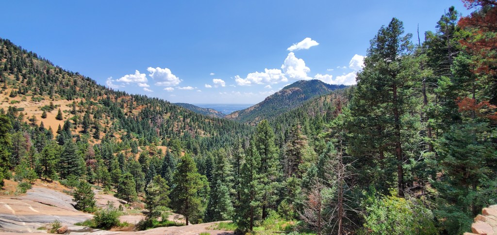 Free things to do in colorado springs view from top of Helen Hunt falls with free covered mountain slopes